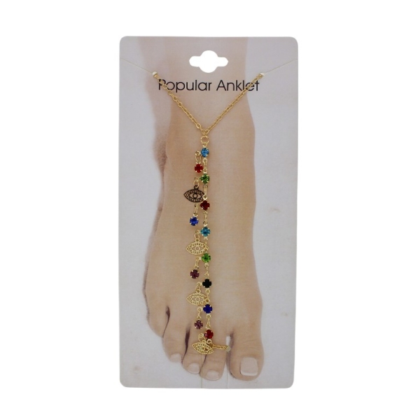 JEWELRY - ANKLET - METAL AND CRYSTALS - CHAIN - 20.5cm EYE GK096 - GOLD AND MIX 01 - PACKAGE 3pcs.