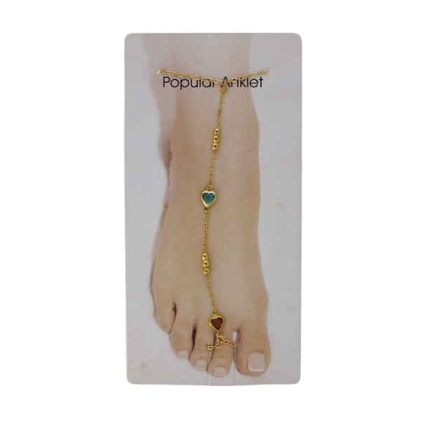 JEWELRY - ANKLET - METAL AND CRYSTALS - CHAIN - 20.5cm HEART GK085 - GOLD-BLUE (LIGHT)-ROSE DUST - 1pc.