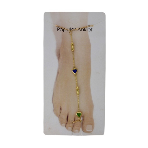 JEWELRY - ANKLET - METAL AND CRYSTALS - CHAIN - 20.5cm HEART GK085 - GOLD-BLUE (DARK)-GREEN - PACKAGE 3pcs.