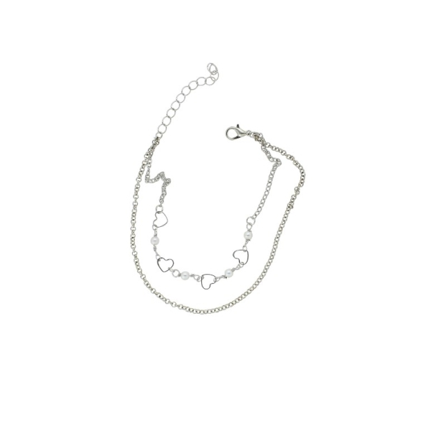 JEWELRY - ANKLET - METAL AND PEARLS - CHAIN - 20.5cm HEART GK065 - NICKEL AND WHITE - PACKAGE 3pcs.