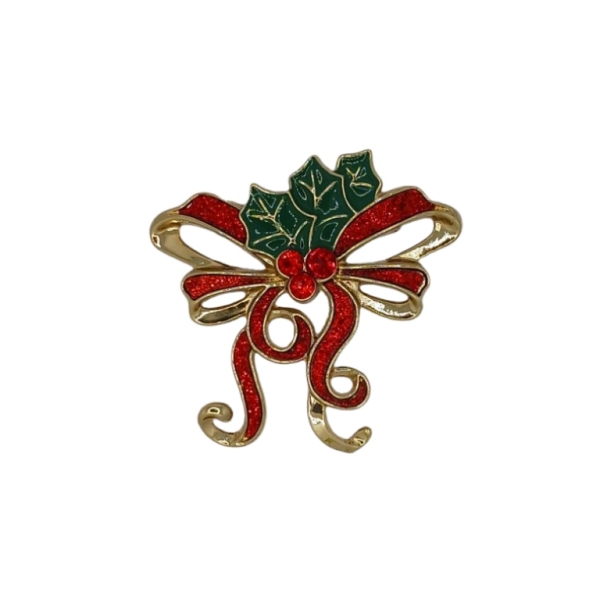 JEWELRY - BROOCH - ENAMEL AND CRYSTALS - CHRISTMAS RIBBON В194 - 5x5cm GOLD-RED-GREEN - 1pc.