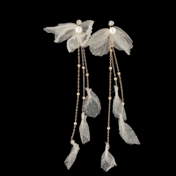JEWELRY - EARRINGS - CLIPS - TULLE AND PEARLS Е556 - 0.7x18.5cm - GOLD (DARK) AND WHITE - 1 pair