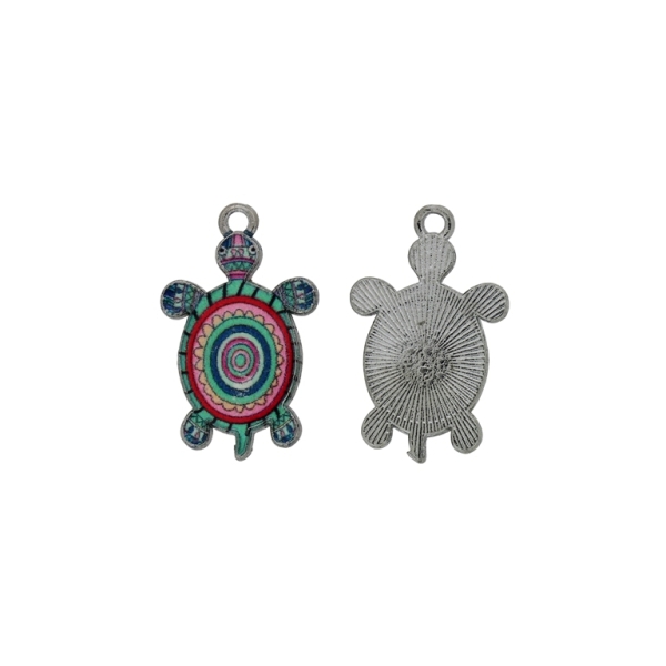 METAL BEADS WITH ENAMEL - PENDANT - TURTLE 02 - 15x25x2.4mm NICKEL-TURQUOISE-RED - 5pcs. Hole-1.8mm