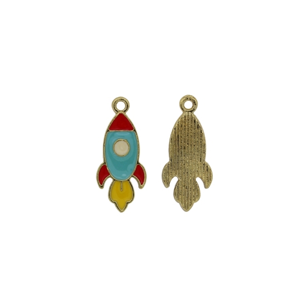 METAL BEADS WITH ENAMEL - PENDANT - ROCKET 03 - 11x24x1.6mm GOLD-TURQUOISE-RED - 5pcs. Hole-1.6mm