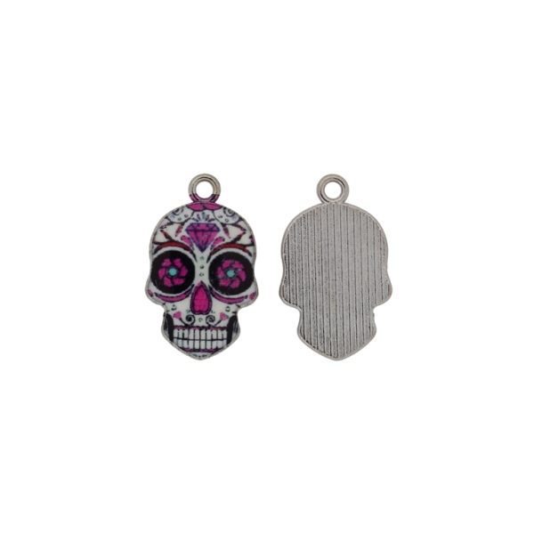 METAL BEADS WITH ENAMEL - PENDANT - SKULL 02 - 14x22x2mm NICKEL-PINK (DARK)-WHITE - 5pcs. Hole-1.8mm