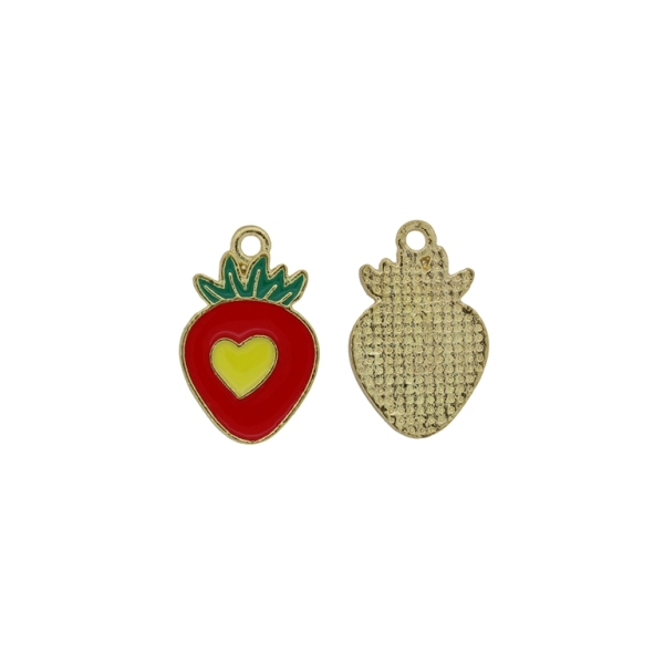 METAL BEADS WITH ENAMEL - PENDANT - STRAWBERRY 03 - 13x21x1.7mm GOLD-RED-YELLOW - 5pcs. Hole-1.8mm