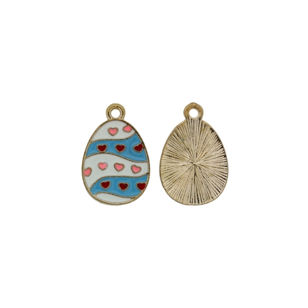 METAL BEADS WITH ENAMEL - PENDANT - EGG 01 - 14x21x1.5mm GOLD-WHITE-BLUE - 5pcs. Hole-1.8mm