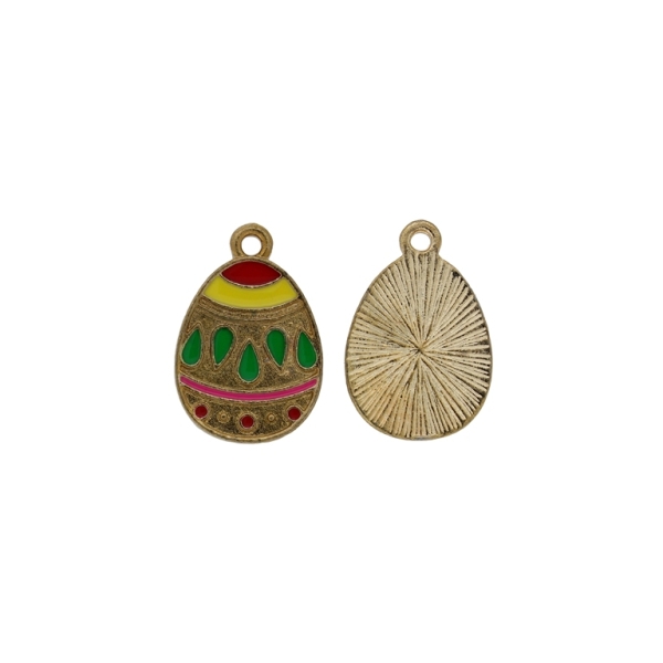 METAL BEADS WITH ENAMEL - PENDANT - EGG 06 - 14x21x1.5mm GOLD-RED-YELLOW-GREEN - 5pcs. Hole-1.8mm