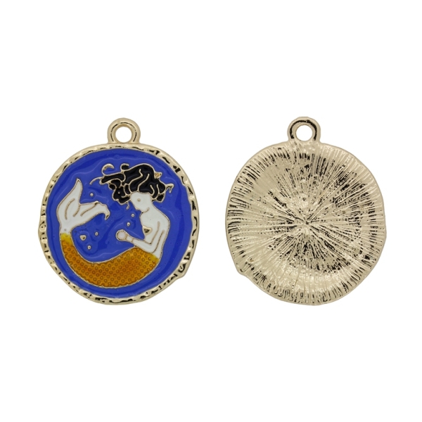 METAL BEADS WITH ENAMEL - PENDANT - MERMAID 02 - 24x28x2mm GOLD-BLUE (DARK)-ORANGE - 2pcs. Hole-2.2mm