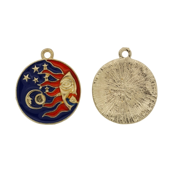 METAL BEADS WITH ENAMEL - PENDANT - SUN 02 - 24x29x2mm GOLD-ORANGE (DARK)-BLUE (DARK) - 2pcs. Hole-2.2mm