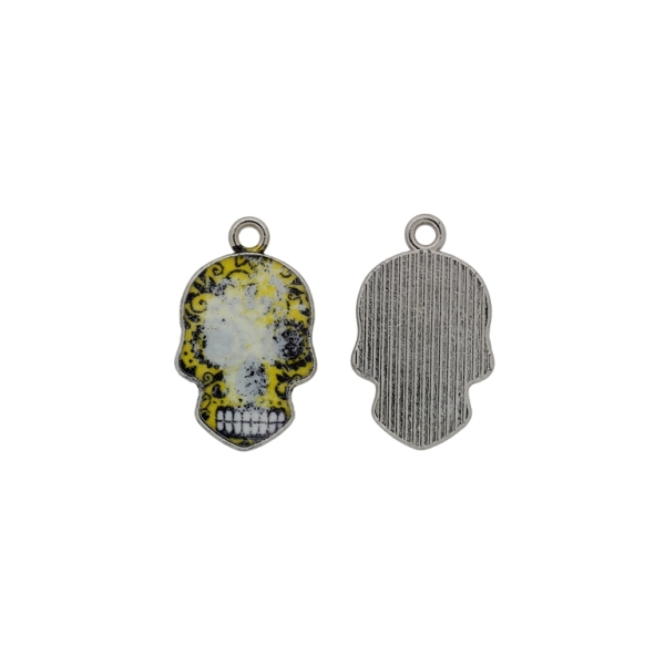 METAL BEADS WITH ENAMEL - PENDANT - SKULL 07 - 14x22x2mm NICKEL-YELLOW-BLACK-WHITE - SECOND-RATE - 5pcs. Hole-1.8mm