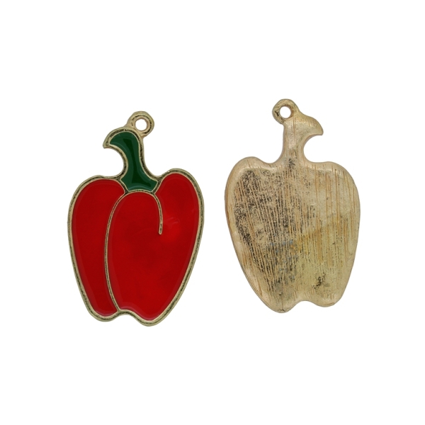 METAL BEADS WITH ENAMEL - PENDANT - PEPPER 01 - 20x32x2mm GOLD (DARK)-RED-GREEN (DARK) - 2pcs. Hole-1.7mm