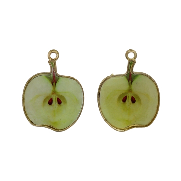 METAL BEADS WITH ENAMEL - PENDANT - APPLE 03 - 22x29x3mm GOLD-ECRU-GREEN (LIGHT) - 2pcs. Hole-2.0mm