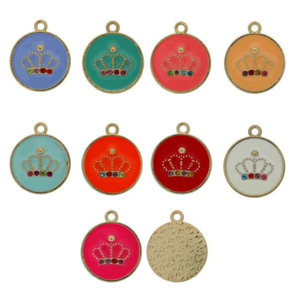 METAL BEADS WITH ENAMEL AND CRYSTALS - PENDANT - CIRCLE WITH CROWN 01 MIX - 25x29x2mm GOLD AND MIX - 2pcs. Hole-2.6mm