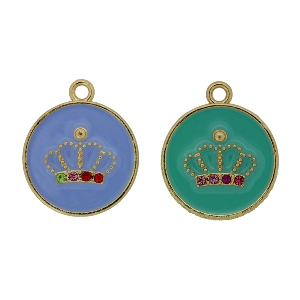 METAL BEADS WITH ENAMEL AND CRYSTALS - PENDANT - CIRCLE WITH CROWN 01 MIX - 25x29x2mm GOLD AND MIX - 2pcs. Hole-2.6mm