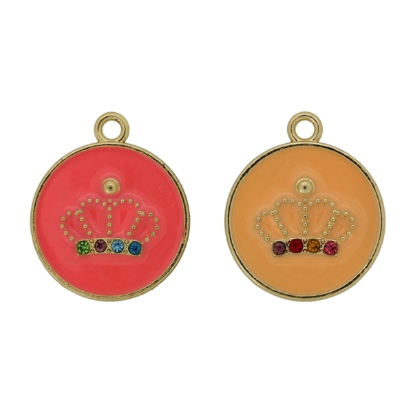 METAL BEADS WITH ENAMEL AND CRYSTALS - PENDANT - CIRCLE WITH CROWN 01 MIX - 25x29x2mm GOLD AND MIX - 2pcs. Hole-2.6mm
