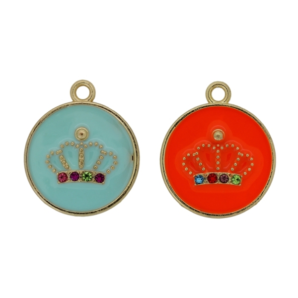 METAL BEADS WITH ENAMEL AND CRYSTALS - PENDANT - CIRCLE WITH CROWN 01 MIX - 25x29x2mm GOLD AND MIX - 2pcs. Hole-2.6mm