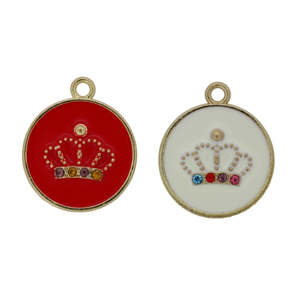 METAL BEADS WITH ENAMEL AND CRYSTALS - PENDANT - CIRCLE WITH CROWN 01 MIX - 25x29x2mm GOLD AND MIX - 2pcs. Hole-2.6mm