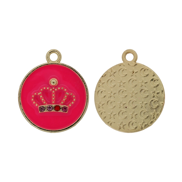 METAL BEADS WITH ENAMEL AND CRYSTALS - PENDANT - CIRCLE WITH CROWN 01 MIX - 25x29x2mm GOLD AND MIX - 2pcs. Hole-2.6mm
