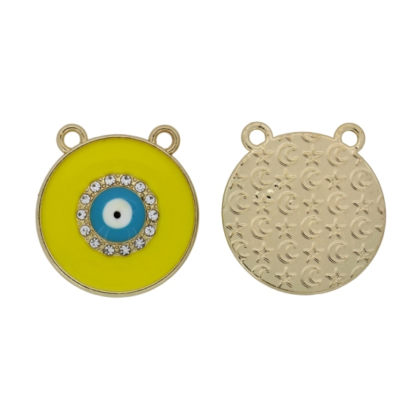 METAL BEADS WITH ENAMEL AND CRYSTALS - PENDANT - EYE 10 - 25x26x3.6mm GOLD-YELLOW-TURQUOISE - 2pcs. Hole-2.2mm