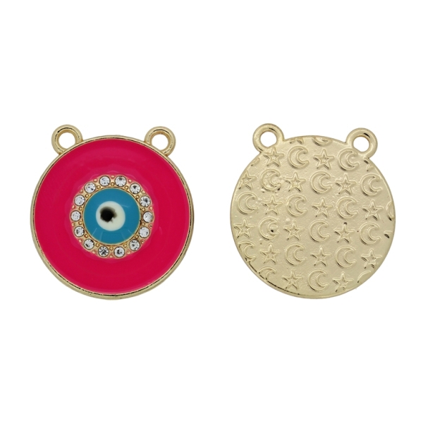 METAL BEADS WITH ENAMEL AND CRYSTALS - PENDANT - EYE 10 - 25x26x3.6mm GOLD-CYCLAMEN-TURQUOISE - 2pcs. Hole-2.2mm