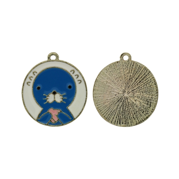 METAL BEADS WITH ENAMEL - PENDANT - SEAL 01 - 23x27x1.8mm GOLD (LIGHT)-PETROLEUM-ECRU - 2pcs. Hole-1.8mm
