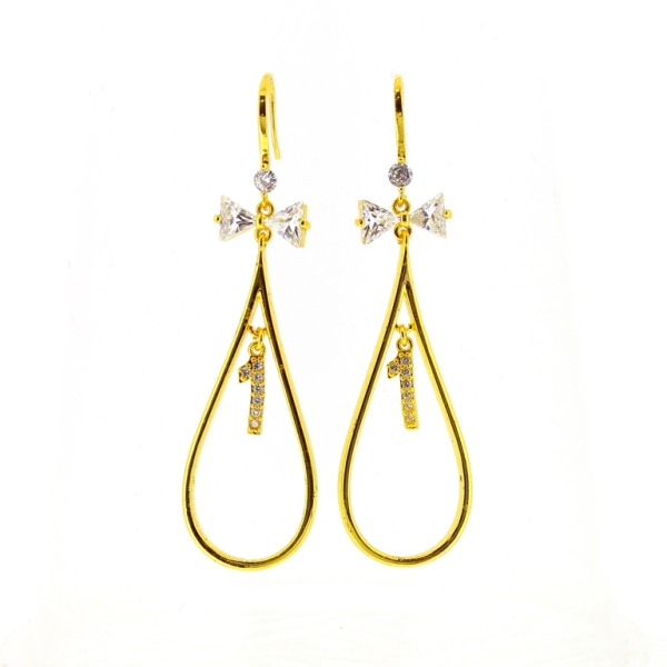 JEWELRY - EARRINGS - SCREW - ZIRCON - DROP WITH RIBBON AND NUMBER Е508 - 1.7x6.0cm GOLD-WHITE - 1 pair
