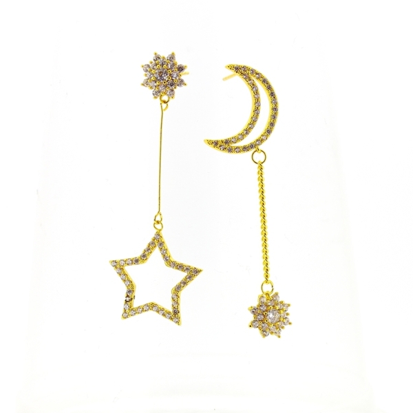 JEWELRY - EARRINGS - SCREW - ZIRCON - MOON AND STAR Е509 - 1.3x5.4cm GOLD-WHITE - 1 pair