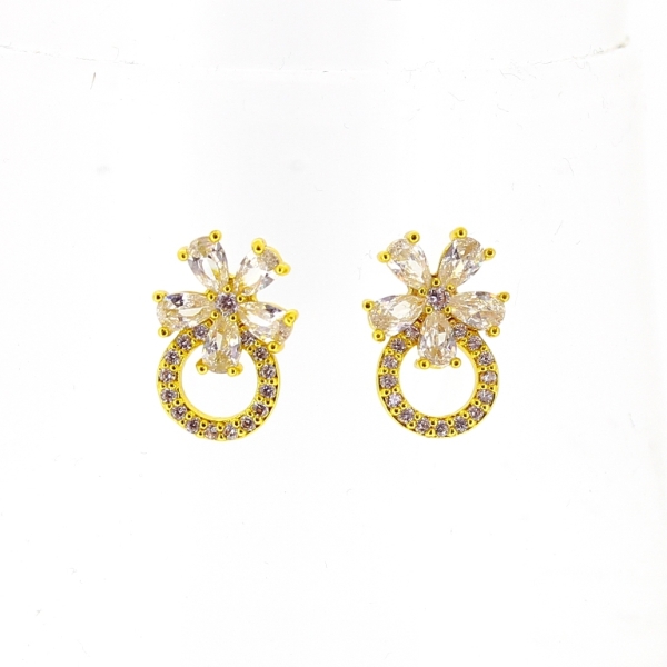JEWELRY - EARRINGS - SCREW - ZIRCON - FLOWER Е501 - 1.1x1.6cm GOLD AND WHITE - PACKAGE 6 pairs