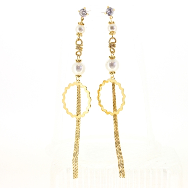 JEWELRY - EARRINGS - SCREW - ZIRCON AND PEARLS - CIRCLE WOOL Е497 - 0.7x12cm GOLD AND WHITE - PACKAGE 6 pairs
