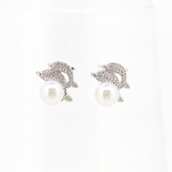 JEWELRY - EARRINGS - SCREW - ZIRCON - DOLPHINS Е584 - 1.5x1.6cm NICKEL AND WHITE - 1 pair