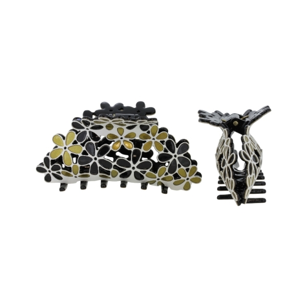 JEWELRY - BRACKET - CLAW HAIR CLIP PLASTIC WITH FLOWERS SH075 - 10x4.6x3.6cm WHITE-BLACK-YELLOW (DARK) - 1pc.