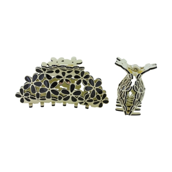 JEWELRY - BRACKET - CLAW HAIR CLIP PLASTIC WITH FLOWERS SH075 - 10x4.6x3.6cm ECRU-BLACK - 1pc.