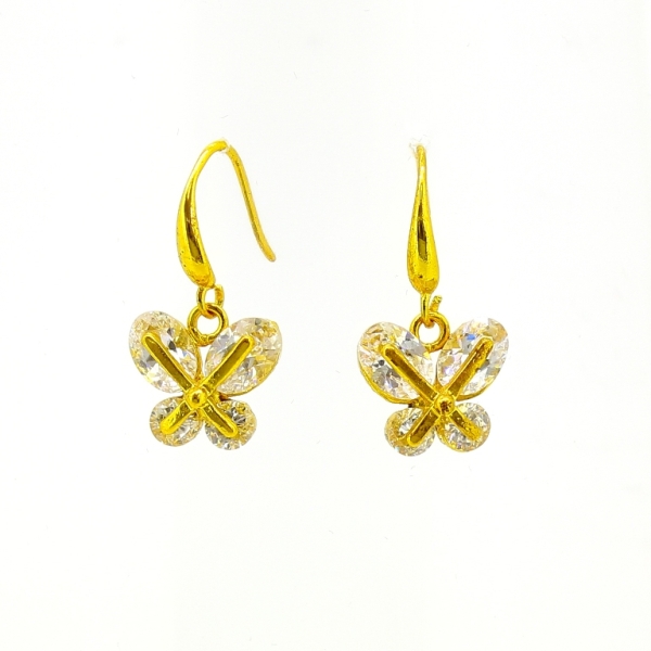 JEWELRY - EARRINGS - HOOK - ZIRCON - BUTTERFLY Е597 - 1.2x2.4cm GOLD AND WHITE - PACKAGE 6 pairs