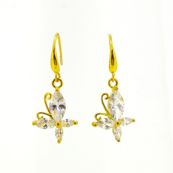 JEWELRY - EARRINGS - HOOK - ZIRCON - BUTTERFLY Е598 - 1.3x3.2cm GOLD AND WHITE - PACKAGE 6 pairs
