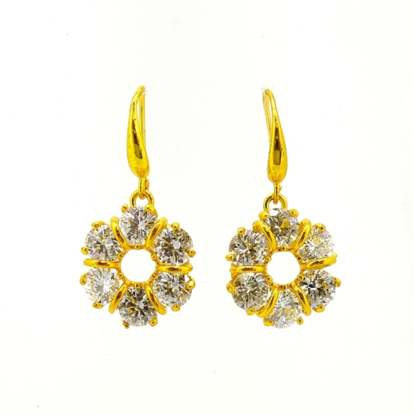 JEWELRY - EARRINGS - HOOK - ZIRCON - FLOWER Е609 - 1.4x2.9cm GOLD AND WHITE - PACKAGE 6 pairs