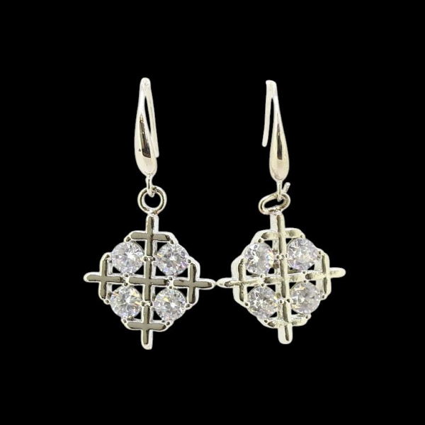 JEWELRY - EARRINGS - HOOK - ZIRCON - CLOVER Е596 - 1.6x3cm НИКЕЛ И БЯЛО - PACKAGE 6 pairs