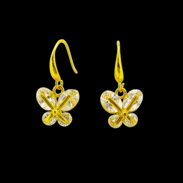 JEWELRY - EARRINGS - HOOK - ZIRCON - BUTTERFLY Е597 - 1.2x2.4cm GOLD AND WHITE - PACKAGE 6 pairs