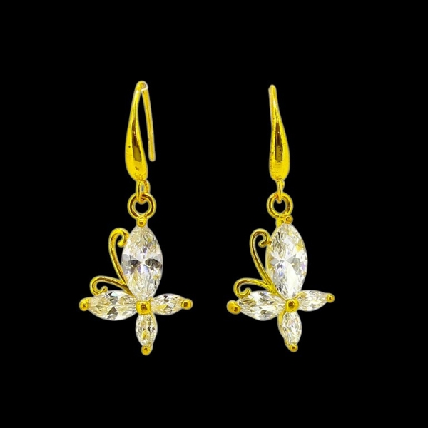 JEWELRY - EARRINGS - HOOK - ZIRCON - BUTTERFLY Е598 - 1.3x3.2cm GOLD AND WHITE - PACKAGE 6 pairs