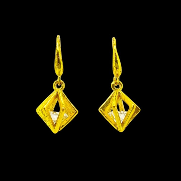 JEWELRY - EARRINGS - HOOK - ZIRCON - RHOMBS Е607 - 1x2.7cm GOLD AND WHITE - PACKAGE 6 pairs