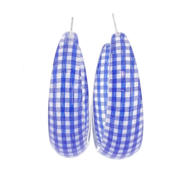 JEWELRY - EARRINGS - SCREW - METAL AND PLASTIC - COUNTRY CHECK PATTERN Е621 - 1.6x5.7cm NICKEL-BLUE-WHITE - 1 pair