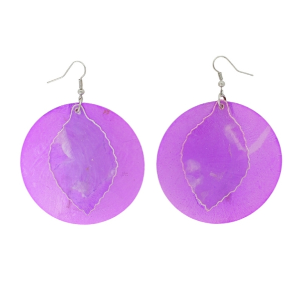 JEWELRY - EARRINGS - HOOK - MOTHER OF PEARL - LEAF Е646 - 6x8cm NICKEL AND PURPLE - 1 pair