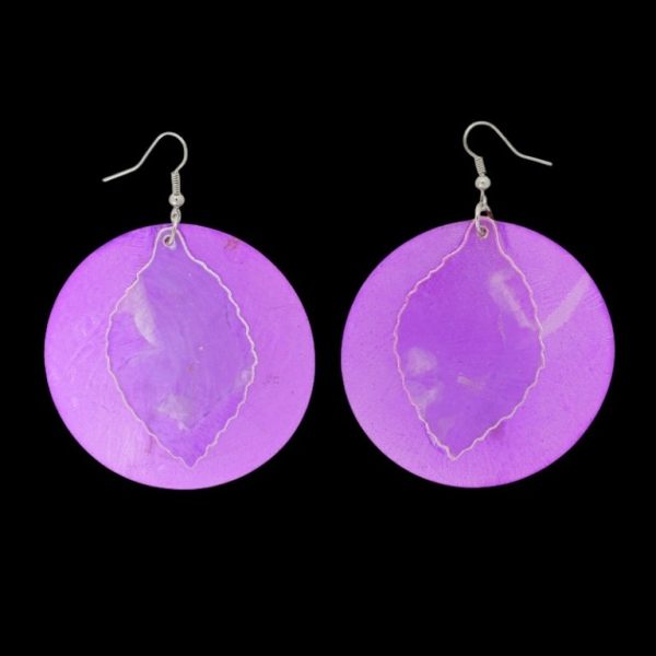 JEWELRY - EARRINGS - HOOK - MOTHER OF PEARL - LEAF Е646 - 6x8cm NICKEL AND PURPLE - 1 pair