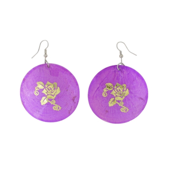 JEWELRY - EARRINGS - HOOK - MOTHER OF PEARL - ROSE Е644 - 5x7cm PURPLE AND GOLD - 1 pair