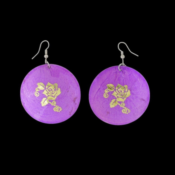 JEWELRY - EARRINGS - HOOK - MOTHER OF PEARL - ROSE Е644 - 5x7cm PURPLE AND GOLD - 1 pair