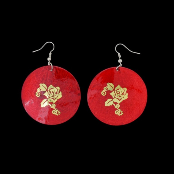 JEWELRY - EARRINGS - HOOK - MOTHER OF PEARL - ROSE Е644 - 5x7cm RED AND GOLD - 1 pair