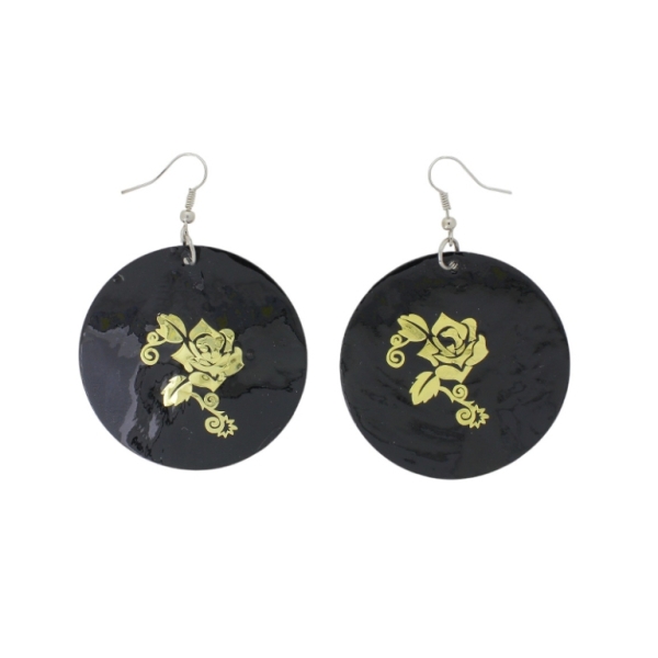 JEWELRY - EARRINGS - HOOK - MOTHER OF PEARL - ROSE Е644 - 5x7cm BLACK AND GOLD - 1 pair