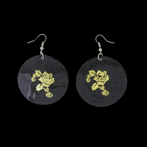 JEWELRY - EARRINGS - HOOK - MOTHER OF PEARL - ROSE Е644 - 5x7cm BLACK AND GOLD - 1 pair