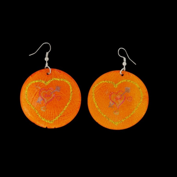 JEWELRY - EARRINGS - HOOK - MOTHER OF PEARL - HEART Е643 - 5x7cm ORANGE AND MIX - 1 pair
