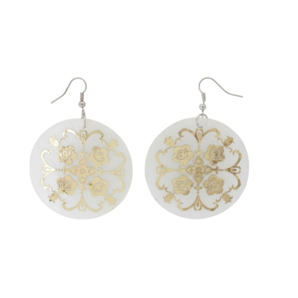 JEWELRY - EARRINGS - HOOK - MOTHER OF PEARL - FLOWER Е641 - 5x7cm WHITE AND GOLD - 1 pair